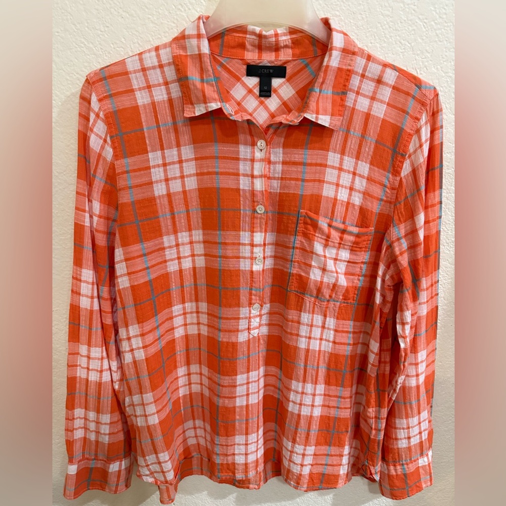 J. Crew Women Gauzy Popover Button Down in Orange Plaid Shirt Size 12 - Picture 1 of 13